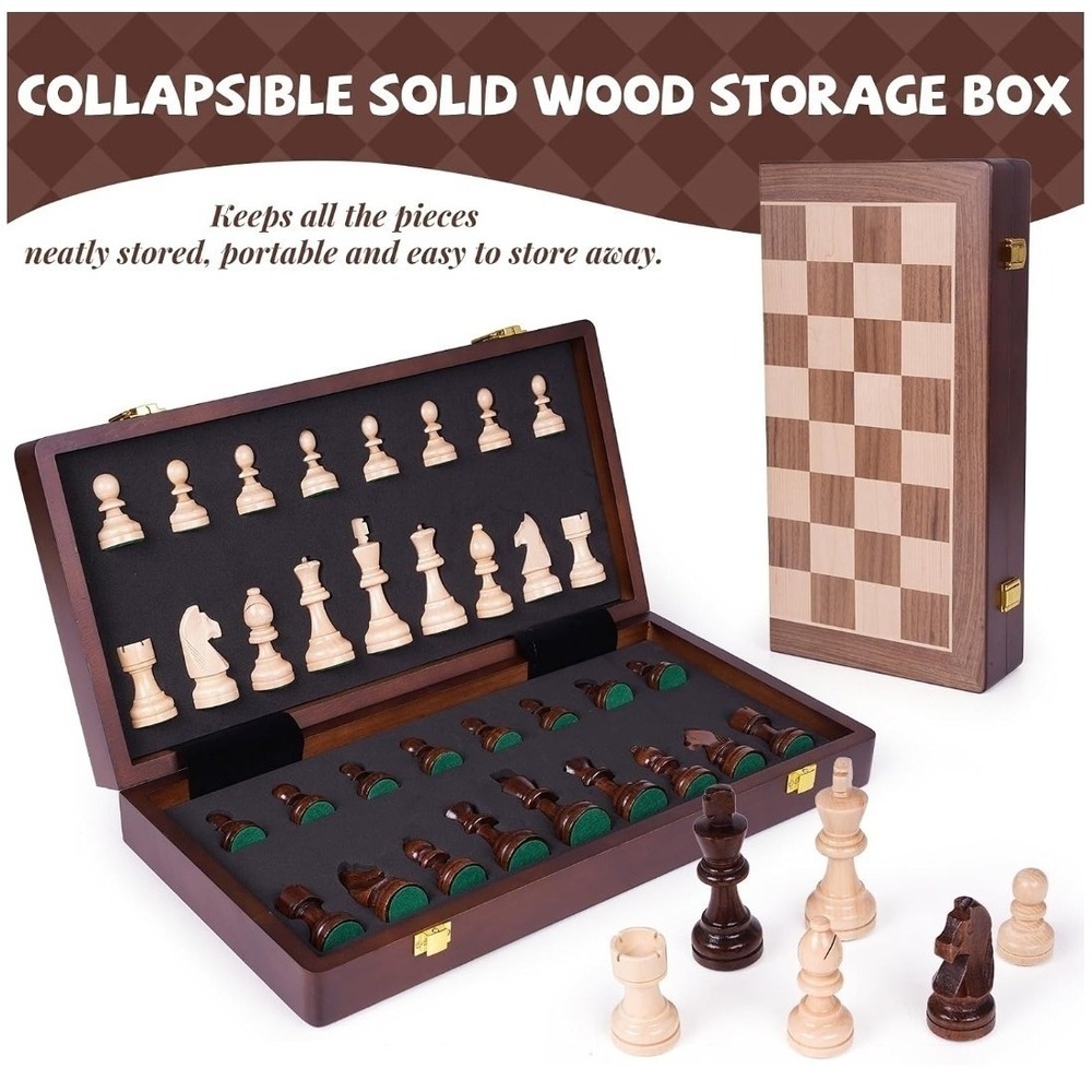 Soban's 17in Walnut Wooden Chess Set Folding Board 2 Extra Queens 3.5in King - Picture 6 of 7
